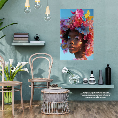 Tablou Canvas  Coronita din Fluturasi Colorati pe Capul Femeii din Africa cu Fard Sclipitor la Ochi si Buze Mari , Pictura Digitala 40x25CM [1]