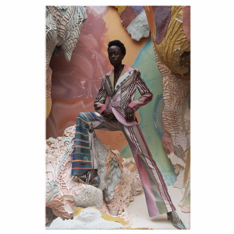 Tablouri Canvas - Tablou Canvas - Costum Anii '70 pe Fond de Stânci, Marime 40x25CM