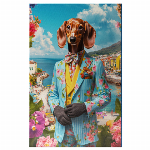 Atracții Turistice - Tablou Canvas Personalizat - Animal în Costum Vibrant pe Malul Mării
Marime 40x25CM