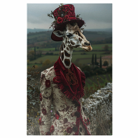Animale - Tablou Canvas Girafă în Costum Elegant cu Catifea și Flori, Marime 40x25CM
