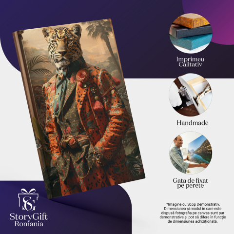 Tablou Canvas Leopard cu Costum Roșu și Plante Exotice, Marime 40x25CM [1]