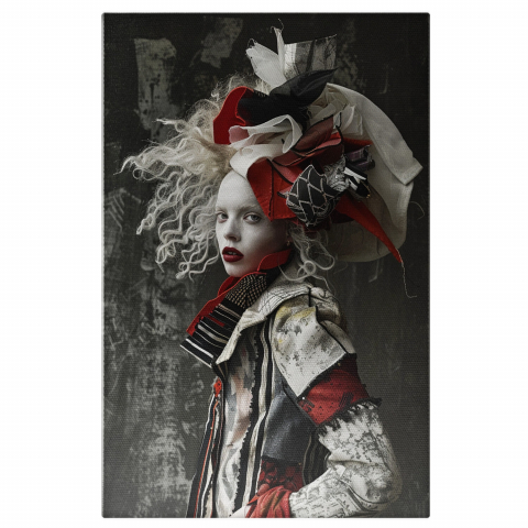 Portret - Tablou Canvas - Costum Mad Hatter Alb și Roșu cu Detalii Negre pe Fundal de Beton Învechit, Marime 40x25CM