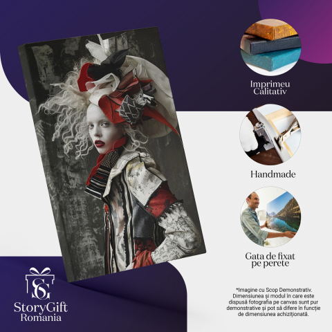 Tablou Canvas - Costum Mad Hatter Alb și Roșu cu Detalii Negre pe Fundal de Beton Învechit, Marime 40x25CM [1]