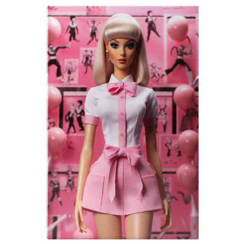 Portret - Tablou Canvas: Costumația Vie a Păpușii Fără Cusur Vestimentație Armonioasă în Fundal Asortat Pictura Digitala 40x25CM