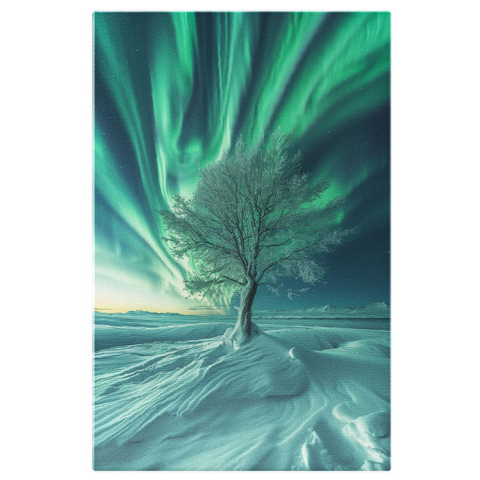 Aurora Boreală - Tablou Canvas: Crengile Albe ale Copacului Înzăpezit Ating Magia Verde de la Capătul Lumii Pictura Digitala 40x25CM
