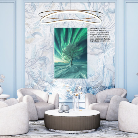 Tablou Canvas: Crengile Albe ale Copacului Înzăpezit Ating Magia Verde de la Capătul Lumii Pictura Digitala 40x25CM [1]