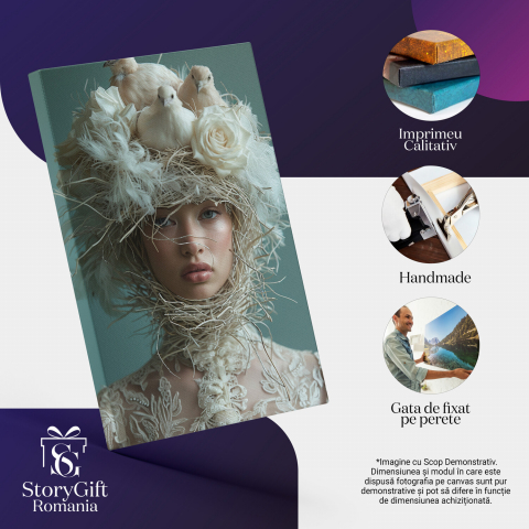 Crenguțele ce Împletesc Cuibul Păsărilor Albe - Tablou Canvas cu Fata și Ochi Lini, Marime 40x25CM [1]