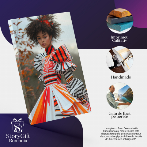 Creolă cu Păr Brunet Cret în Rochie Colorată cu Dungi - Privire Senină, Marime 40x25CM [1]