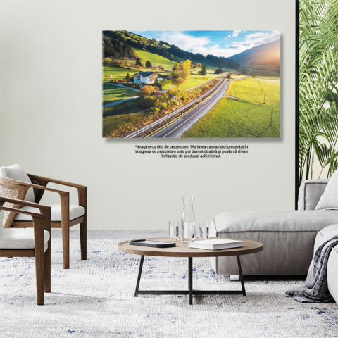 Tablou canvas cu apus de soare, casa, cale ferata, munti, padure, multicolor 40x25CM [2]