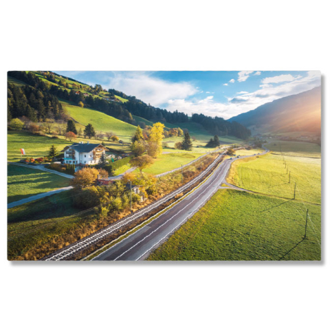 Peisaje cu Drona - Tablou canvas cu apus de soare, casa, cale ferata, munti, padure, multicolor 40x25CM