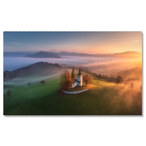 Peisaje cu Drona - Tablou canvas cu apus de soare, deal, biserica, ceata, nori, multicolor 40x25CM