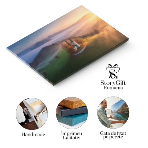 Tablou canvas cu apus de soare, deal, biserica, ceata, nori, multicolor 40x25CM [1]