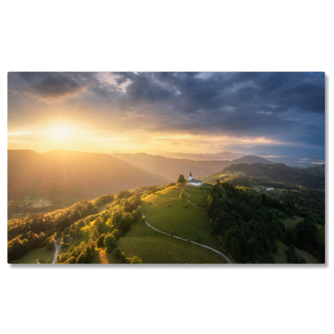 Peisaj - Tablou canvas cu biserica, deal, padure, munti, apus, soare, multicolor 40x25CM