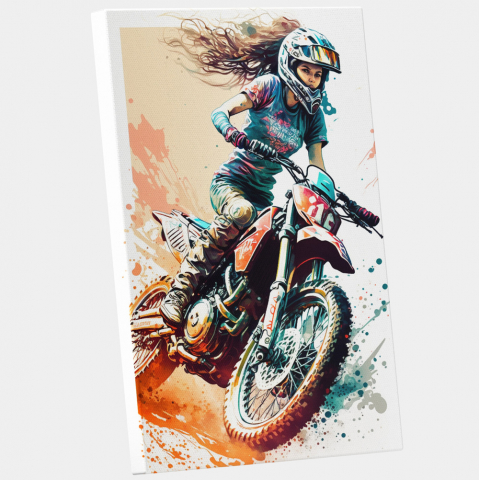 Marimea 40x25CM - Tablou Canvas Cu Femeie Pe Motocicleta Rosie De Curse, Pictura Curgatoare, Arta Detalilor, 25x40 cm, Multicolor