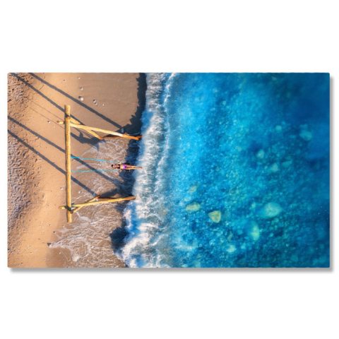 Plajă - Tablou canvas cu leagan pe malul marii, valuri, apa, nisip, multicolor 40x25CM