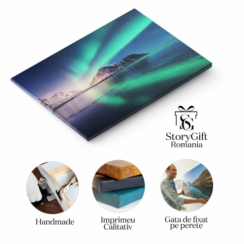 Lumini Nordice în Norvegia Lofoten - Stele și Aurora Boreală deasupra Insulelor și Muntelui, Marime 40x25CM [1]