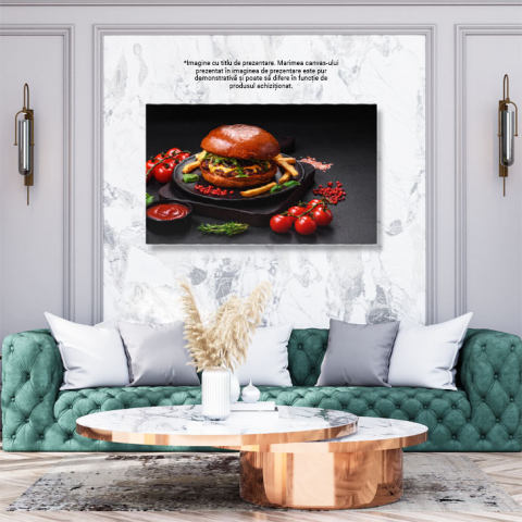 Tablou Canvas cu mancare, burger, rosii, rozmarin, cartofi, 40x25cm [2]