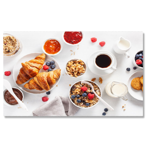 Mâncare - Tablou Canvas cu Mic Dejun Continental - Croissant, Cafea si Fructe de Padure 40x25CM