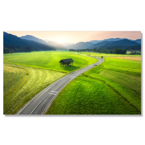 Peisaje cu Drona - Tablou canvas cu munti, masini, strada, padure, apus de soare, multicolor 40x25CM