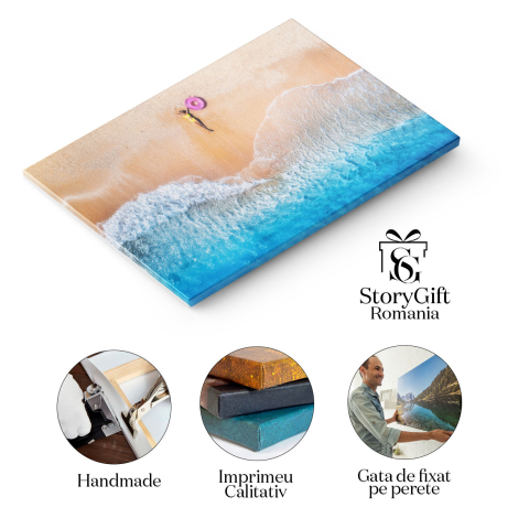 Tablou canvas cu nisip, colac, costum de baie, valuri, ocean, multicolor 40x25CM [1]