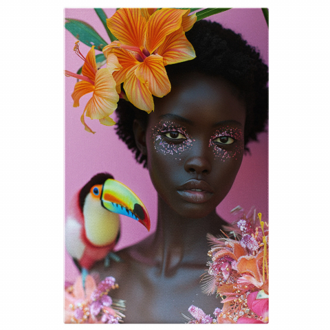 Flori - Tablou Canvas Femeie cu Păr Scurt și Papagal – Pictură Digitală Colorată, Marime 40x25CM