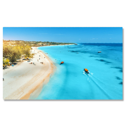 Plajă - Tablou canvas cu peisaj, barci, plaja, exotic, palmieri, soare, multicolor 40x25CM