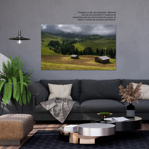 Tablou canvas cu peisaj, cabane, padure, nori, dealuri, ceata, multicolor 40x25 [2]