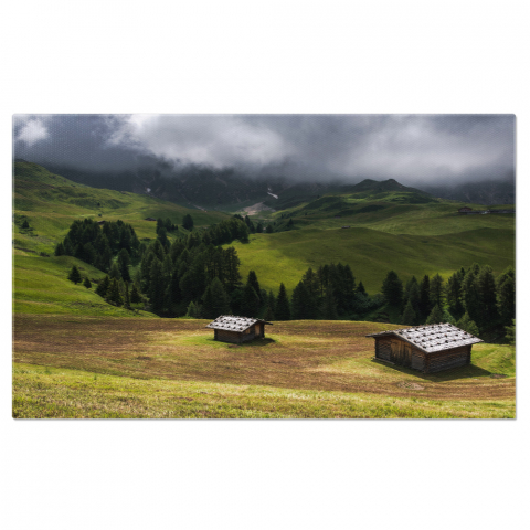 Marimea 40x25CM - Tablou canvas cu peisaj, cabane, padure, nori, dealuri, ceata, multicolor 40x25