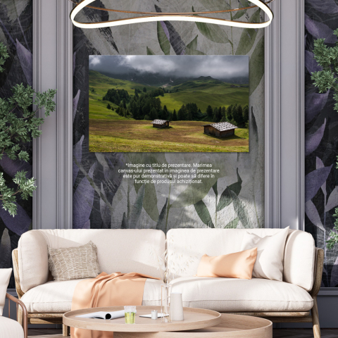 Tablou canvas cu peisaj, cabane, padure, nori, dealuri, ceata, multicolor 40x25 [1]