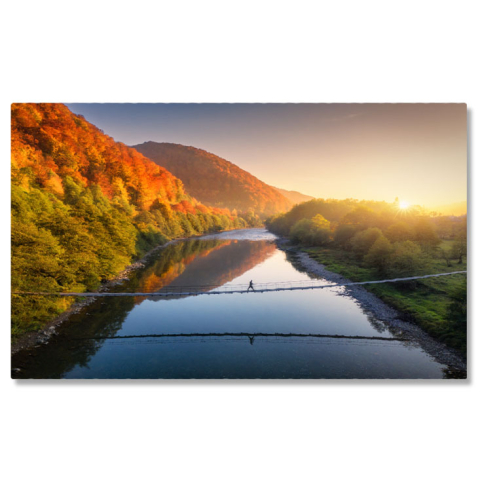 Peisaje cu Drona - Tablou canvas cu peisaj de toamna, apus, soare, raze, pod, multicolor 40x25CM