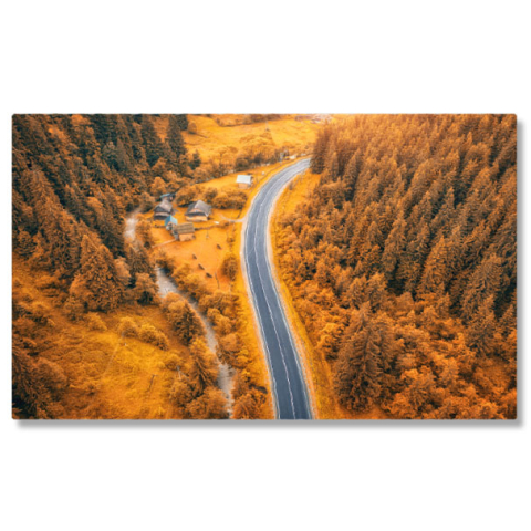 Peisaje cu Drona - Tablou canvas cu peisaj de toamna, case, rau, padure, sosea, multicolor 40x25CM