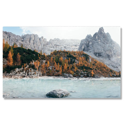 Peisaj - Tablou canvas cu peisaj, lac, pietre, munte, padure, toamna, multicolor 40x25CM