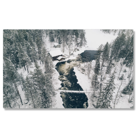 Peisaje cu Drona - Tablou canvas cu peisaj montan, iarna, zapada, pod, rau, multicolor 40x25CM