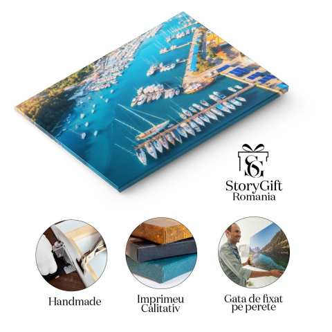 Tablou canvas cu peisaj, port, barci, apa albastra, padure, apus, multicolor 40x25CM [1]