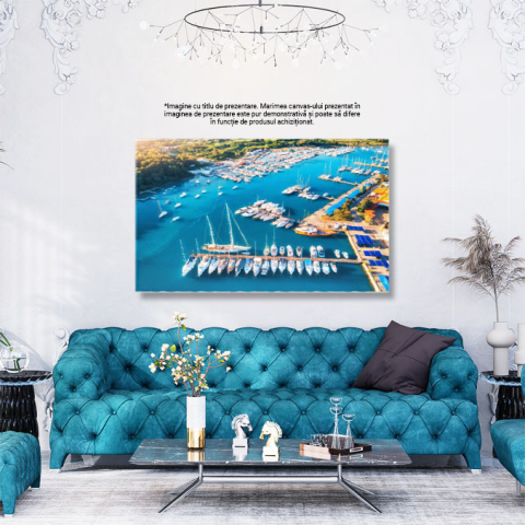 Tablou canvas cu peisaj, port, barci, apa albastra, padure, apus, multicolor 40x25CM [2]
