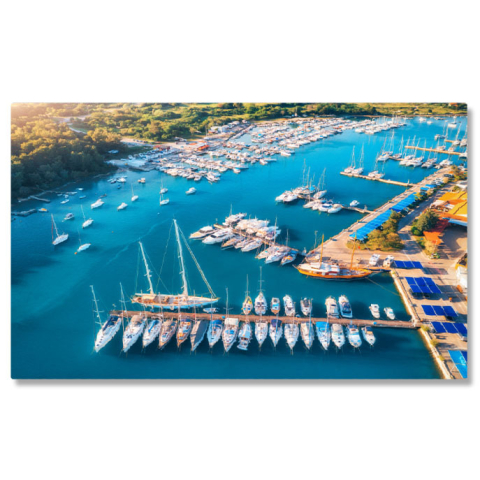 Peisaje cu Drona - Tablou canvas cu peisaj, port, barci, apa albastra, padure, apus, multicolor 40x25CM