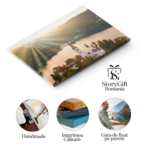 Tablou canvas cu peisaj, raze de soare, lac, cladiri, padure, multicolor 40x25CM [1]