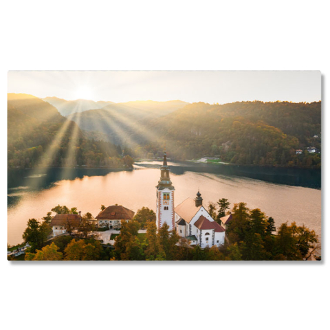 Peisaje cu Drona - Tablou canvas cu peisaj, raze de soare, lac, cladiri, padure, multicolor 40x25CM