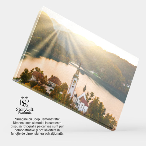 Tablou canvas cu peisaj, raze de soare, lac, cladiri, padure, multicolor 40x25CM [3]