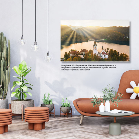 Tablou canvas cu peisaj, raze de soare, lac, cladiri, padure, multicolor 40x25CM [2]