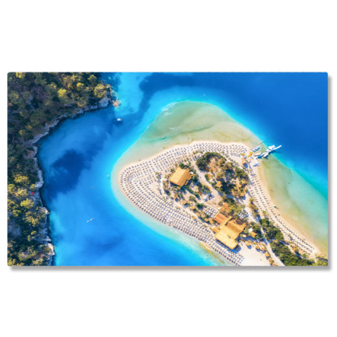 Peisaje cu Drona - Tablou canvas cu peninsula, plaja, stanci, mare, sezlonguri, multicolor 40x25CM