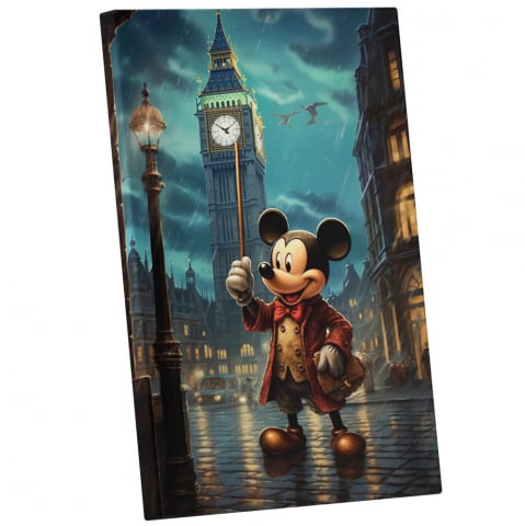 Marimea 40x25CM - Tablou Canvas Cu Personaj Mickey Mouse Full Body In Londra Timp Ploios, Turnul Londrei, Zambet Larg, papion Rosu, Soricel, Iubitorii De Desene Animate, 25x40 cm, Multicolor