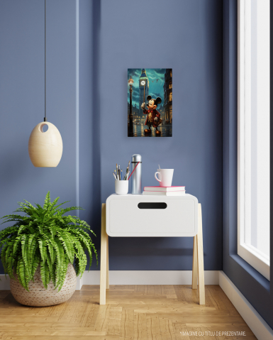 Tablou Canvas Cu Personaj Mickey Mouse Full Body In Londra Timp Ploios, Turnul Londrei, Zambet Larg, papion Rosu, Soricel, Iubitorii De Desene Animate, 25x40 cm, Multicolor [1]