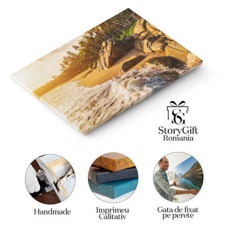 Tablou canvas cu plaja, valuri, mare, palmieri, padure, apus, multicolor 40x25CM [1]