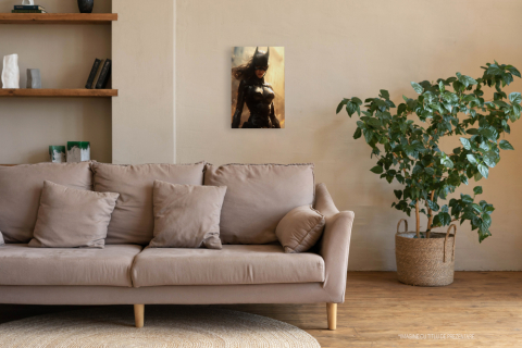 Tablou Canvas Cu Portret Femeie Batman, Fundal Razele Soarelui, In Costum De Piele, Masca Emblematica, Super Erou, Iubitorii De Filme Marvel 25x40 cm, Multicolor [2]