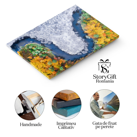 Tablou canvas cu priveliste aeriana, drona, rau, iarna, toamna, padure, multicolor 40x25CM [1]