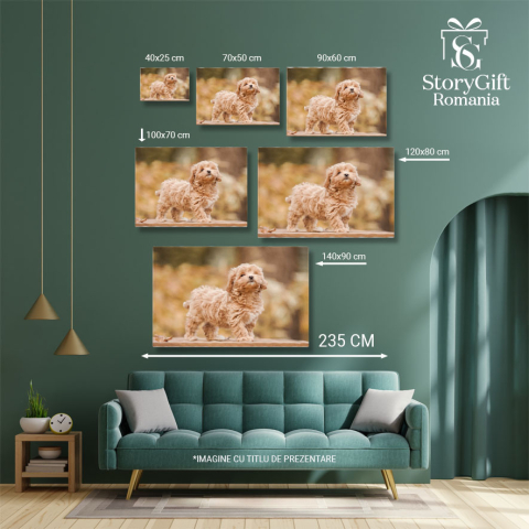 Tablou canvas cu pui de catel, poodle, toamna, banca de lemn, frunze, multicolor 40x25CM [4]