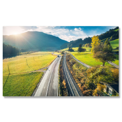 Peisaje cu Drona - Tablou canvas cu raze de lumina, cale ferata, sosea, munti, multicolor 40x25CM