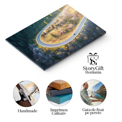 Tablou canvas cu sosea, masina, brazi, copaci, apus, lumina soarelui, multicolor 40x25CM [1]