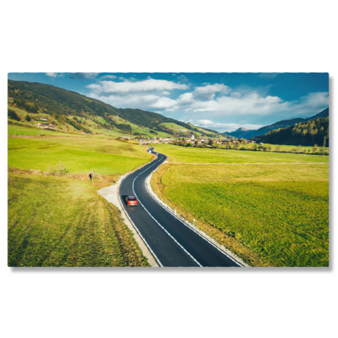 Peisaje cu Drona - Tablou canvas cu sosea, masina, dealuri, oras, munti, nori, multicolor 40x25CM